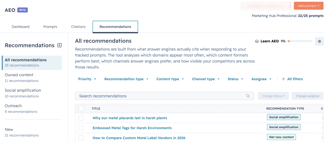 The All recommendations view with a sidebar grouping recommendations into owned content, social amplification, and outreach